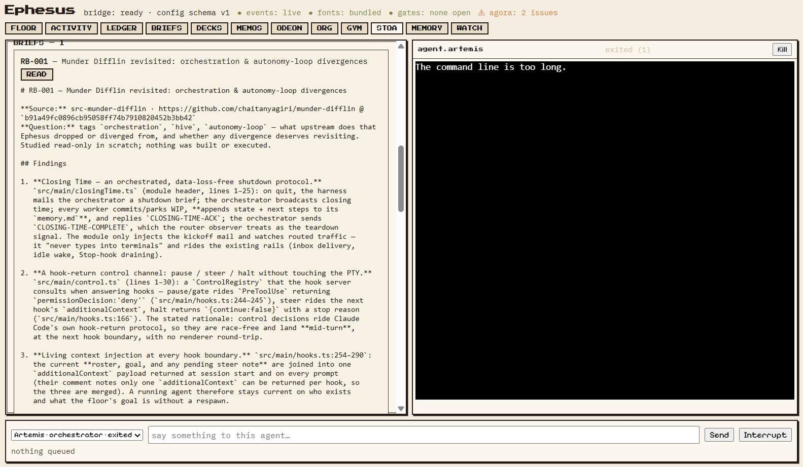 A research brief on screen, each finding citing a path at a pinned commit